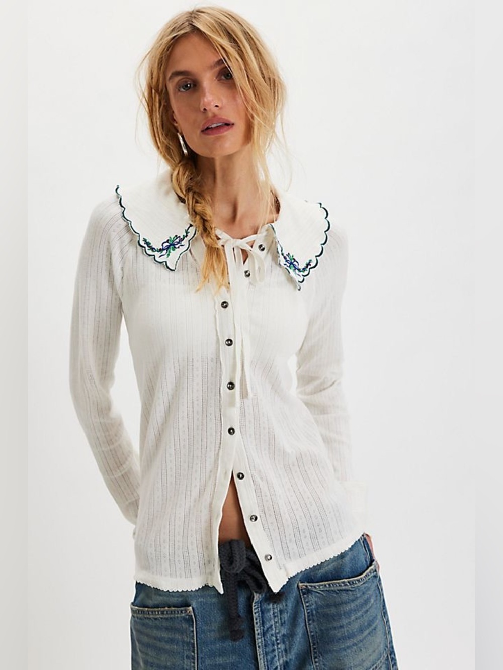Free People Juniper Ivory Long Sleeve Cardigan button front Embroidery Picot XL